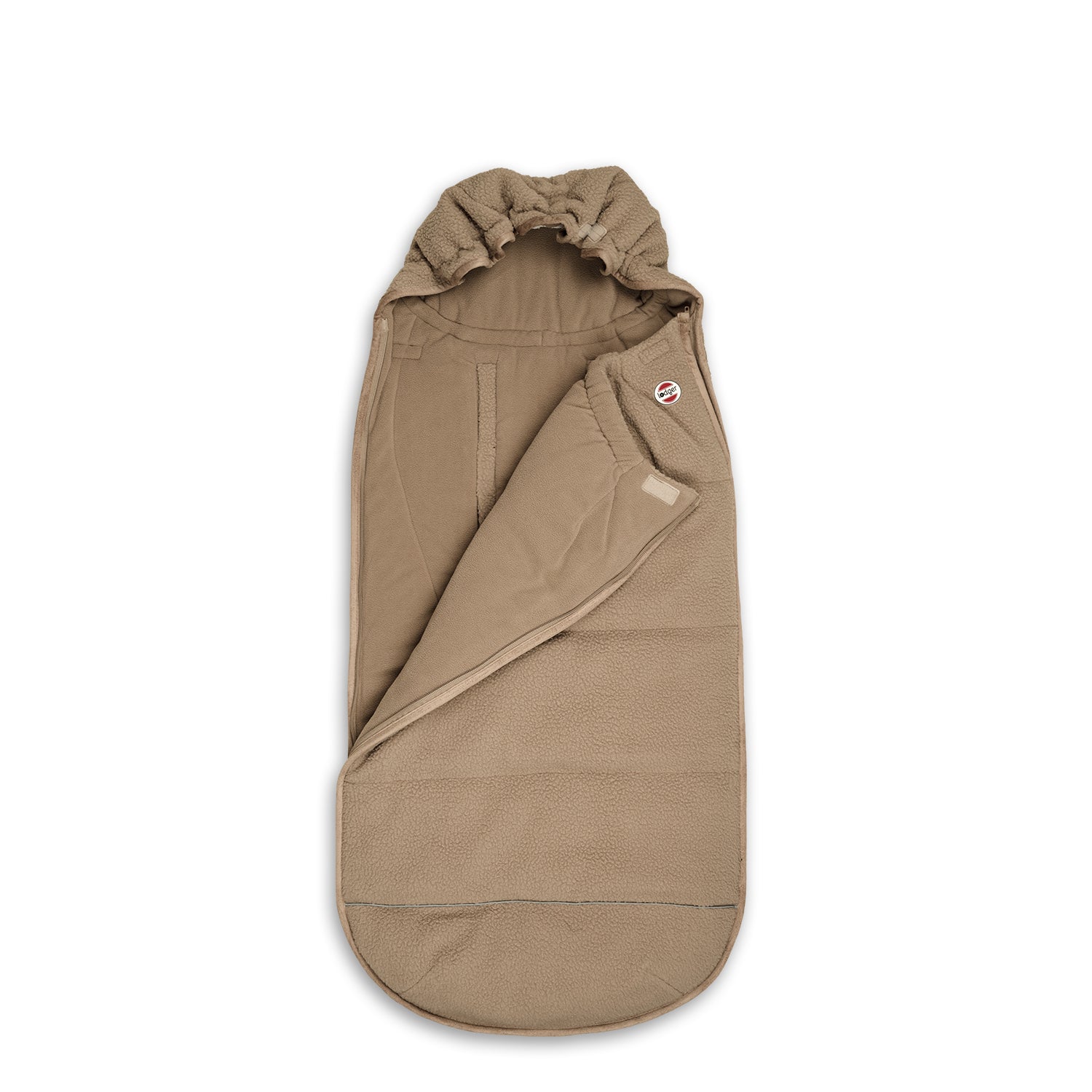 Lodger Mini Bunker Teddy vissezonas guļammaiss beige krāsa, redzama priekša pusatvērtā veidā.
