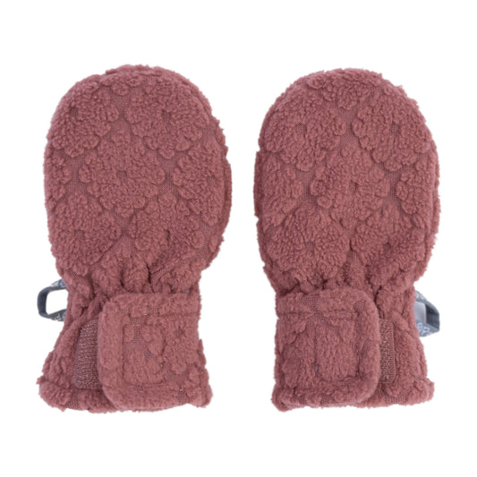 Lodger Mittens Folklore Fleece bērnu cimdiņi rosewood krāsa, pieejami divos izmēros: 0-12M un 12-24M.