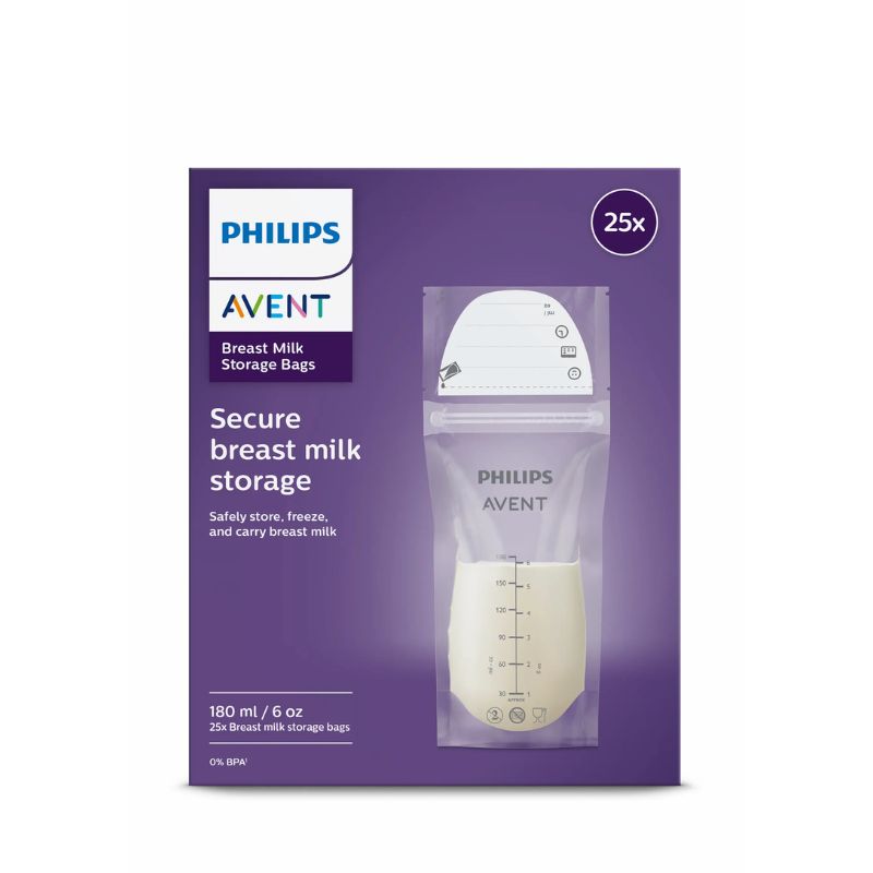 Piena uzglabāšnas maisiņi, 25x180ml, Philips Avent, SCF603/25, redzams iepakojums.