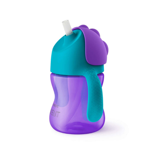 Philips Avent mācību krūzīte ar elastīgu silikona salmiņu, violetā krāsā. Attēlā redzama no sāna.