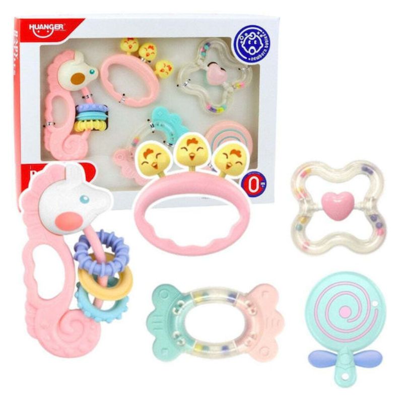 Pirmo grabulīšu komplekts mazulītim. Komplektā iekļauti 5 grabulīši maigos pasteļotoņos. Attēlā redzami visi grabulīšu no priekšpuses.