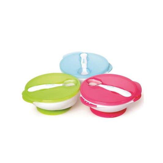 Kidsme bļoda ar termo karotīti. redzamas visas 3 krāsas.