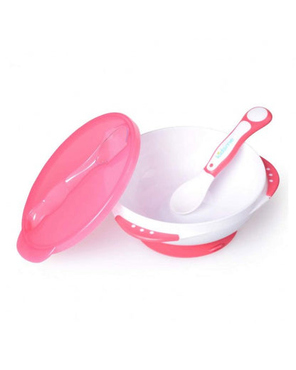 Kidsme bļoda ar termo karotīti. redzama rozā krāsā